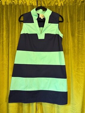 Sail to Sable Blue and Green Striped Shift Dress. Size Large. Retail $178